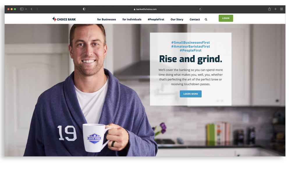 Choice Bank website mockup designed by Media Bridge featuring Adam Thielen